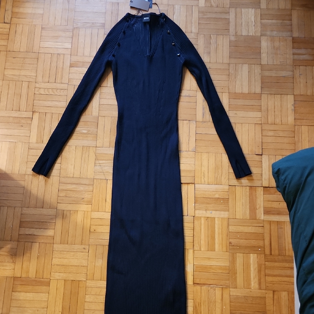 EXCLUSIVE! HUGO BOSS Elegant Navy Blue Stretch Long Sleeve Dress